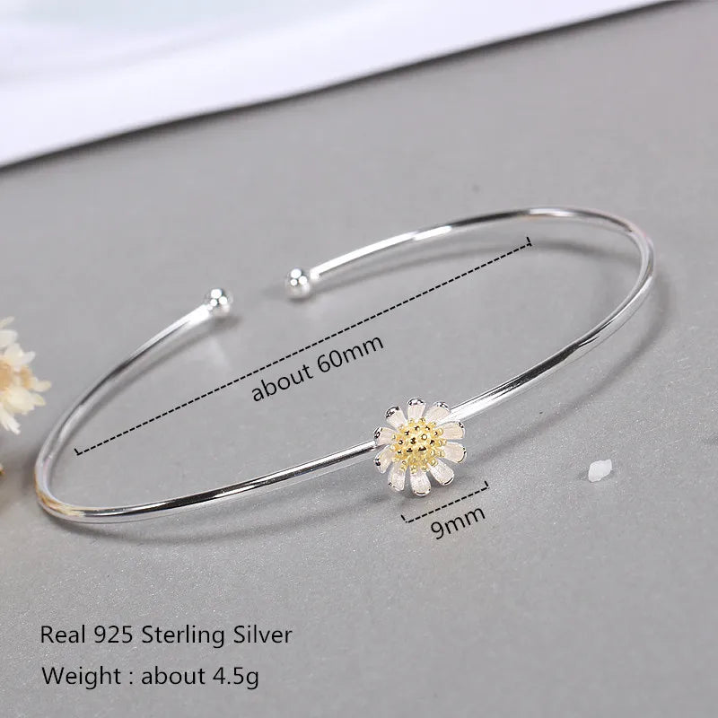 Buyee Armreif mit Blumen aus 925er-Sterlingsilber, Chrysantheme, Gänseblümchen, verstellbar, offen, hypoallergen, feiner Schmuck für Damen, modisches Geschenk