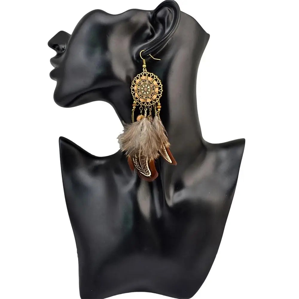 Mode Lange Quaste Braune Feder Braut Hochzeit Ohrringe Böhmischen Vintage Holz Perlen Baumeln Ohrringe Für Frauen Indischen Schmuck