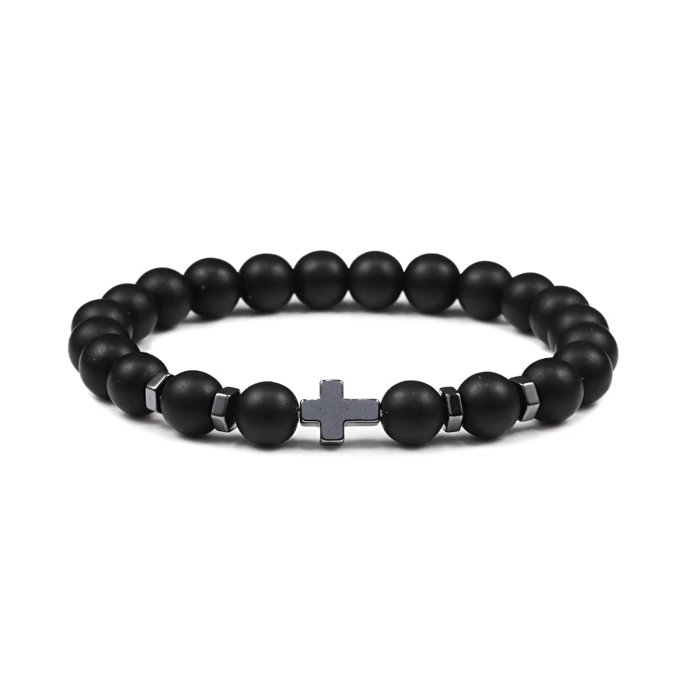 Dropshipping Heißer Männer Natürliche Lava Stein Perlen Armbänder Hämatit Kreuz Rosenkranz Meditation Gebet Jesus Armband Frauen Yoga Schmuck