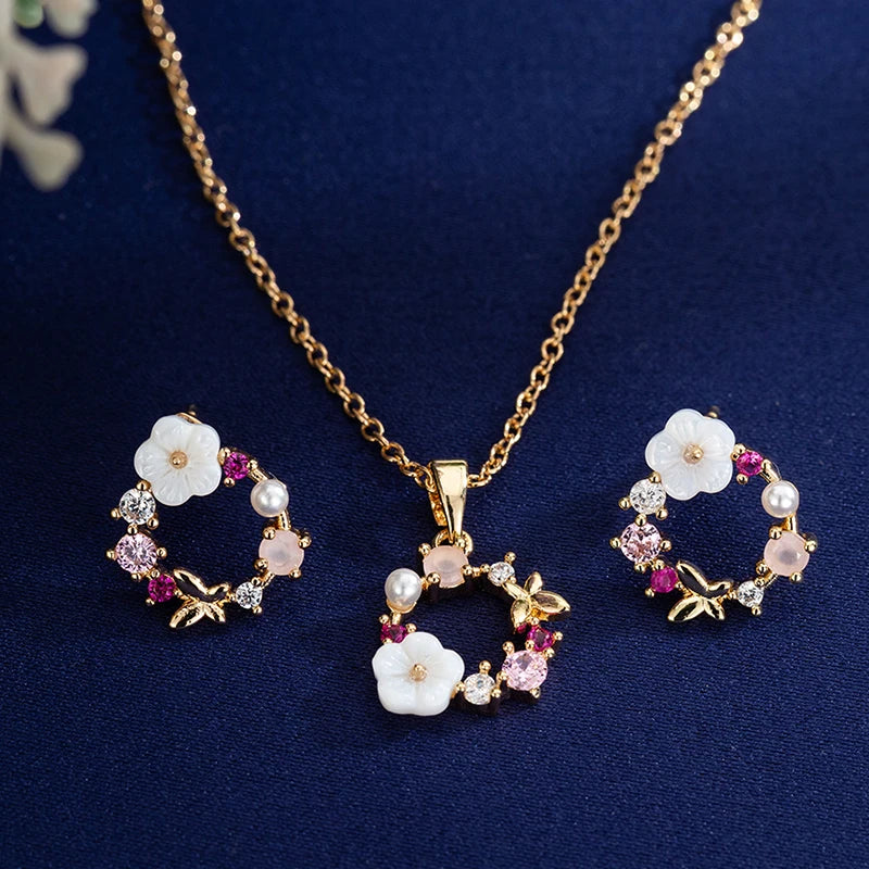 Mode Hochzeit Braut Zirkonia Schmuck Sets Für Frauen Romantische Shell Blume Halsband Elegante Perle Halsketten Ohrringe Bijoux Geschenk