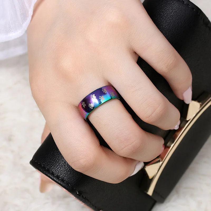 Mode Niedlichen Hund Katze Pfote Ringe Schmuck Edelstahl Ehering Regenbogen Paar Ring für Frauen Breite 8mm