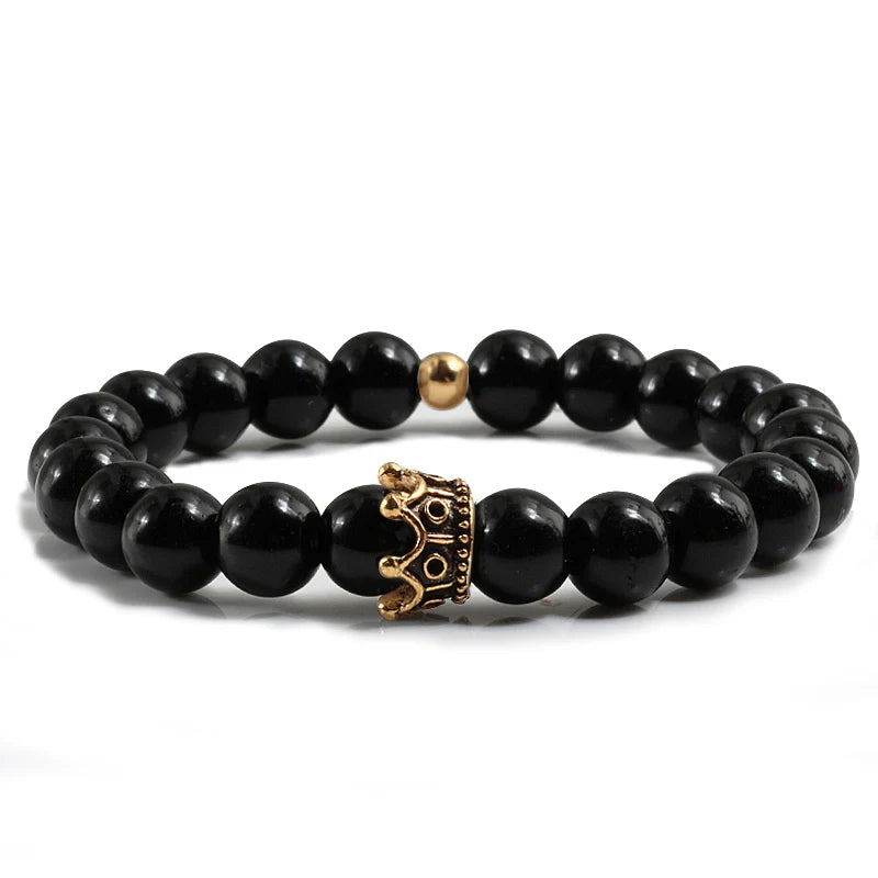 Charme Naturstein Schmuck Perlen Armbänder Paar Schwarze Krone Armband Männer mit Kupfer Perlen Armreif Frauen pulsera dorada