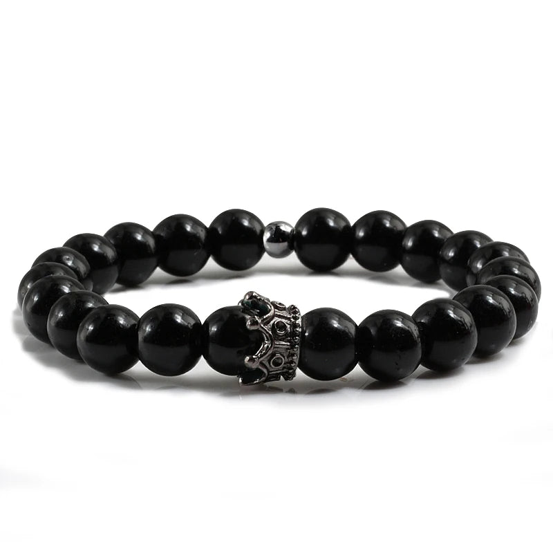 Charme Naturstein Schmuck Perlen Armbänder Paar Schwarze Krone Armband Männer mit Kupfer Perlen Armreif Frauen pulsera dorada
