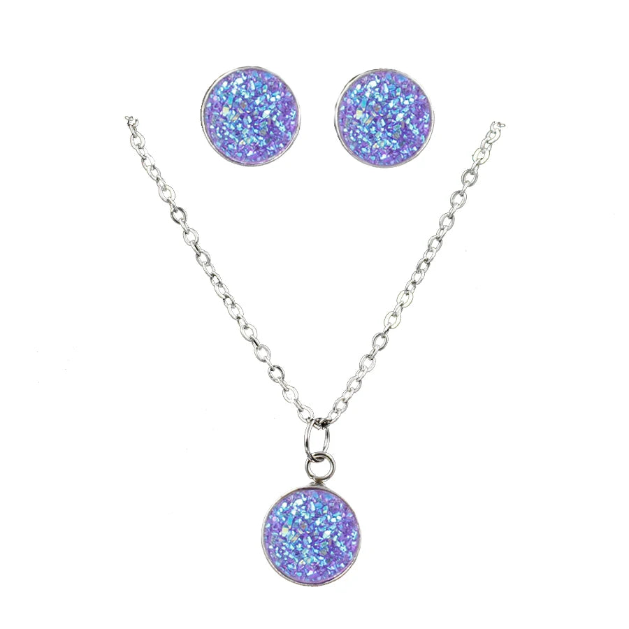 Mode Drusy Runde Anhänger Halskette Ohrringe Schmuck Sets für Frauen Anti allergie Bling Stud Ohrringe Sets Frauen Party Halskette