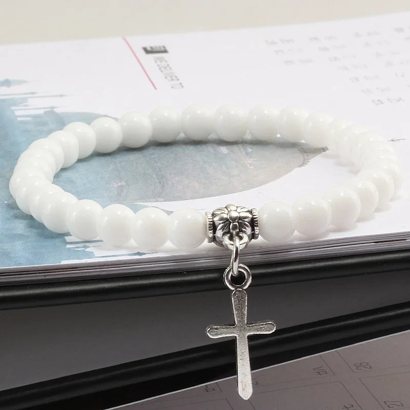 6mm Boho Natürliche Blaue Perlen Armband Männer Kreuz Anhänger Schwarz Vulkanstein Strang Armbänder für Frauen Charme Mode Schmuck