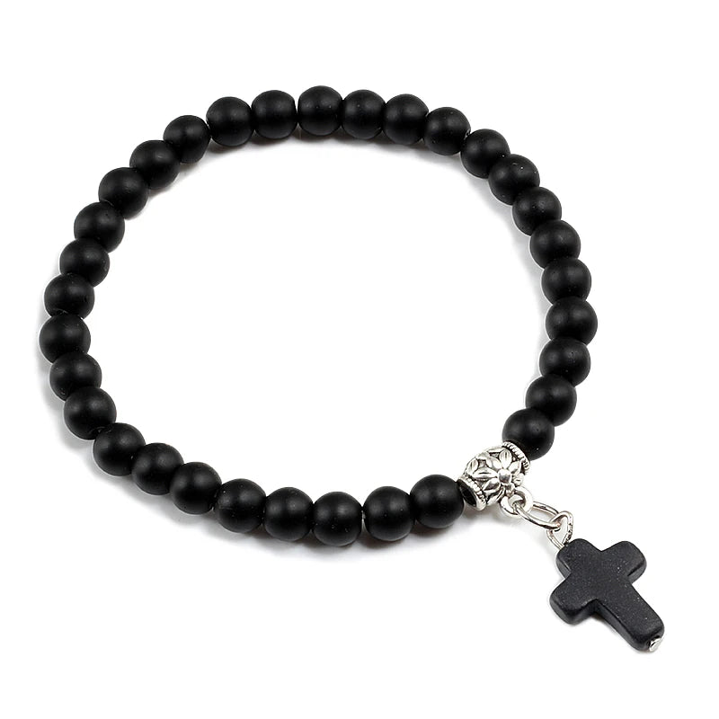 Gebetsarmband, 6 mm, Onyx, Natursteinperlen, Religion, Jesus, Kreuz, Anhänger, Armbänder, Armreifen für Männer und Frauen, Yoga, Freundschaftsschmuck