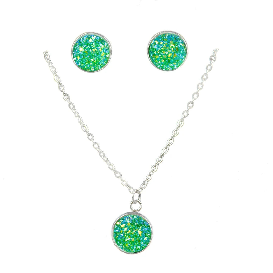 Mode Drusy Runde Anhänger Halskette Ohrringe Schmuck Sets für Frauen Anti allergie Bling Stud Ohrringe Sets Frauen Party Halskette