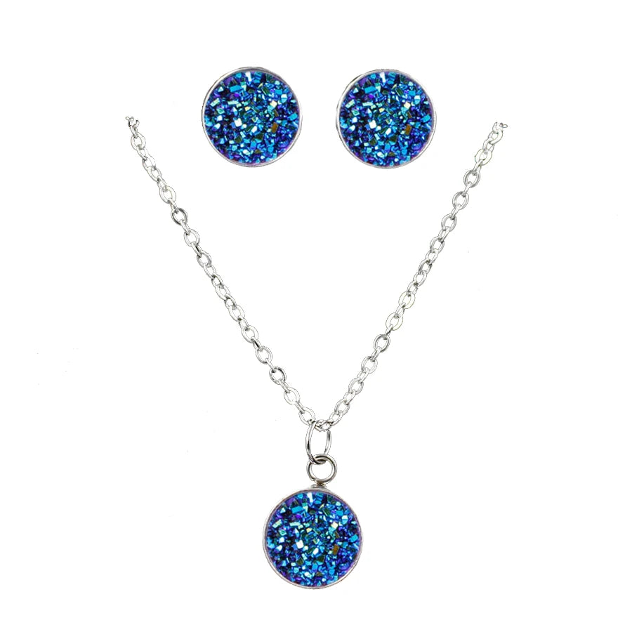 Mode Drusy Runde Anhänger Halskette Ohrringe Schmuck Sets für Frauen Anti allergie Bling Stud Ohrringe Sets Frauen Party Halskette