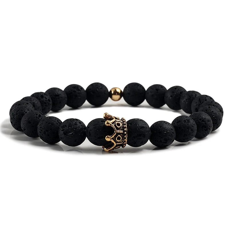 Charme Naturstein Schmuck Perlen Armbänder Paar Schwarze Krone Armband Männer mit Kupfer Perlen Armreif Frauen pulsera dorada