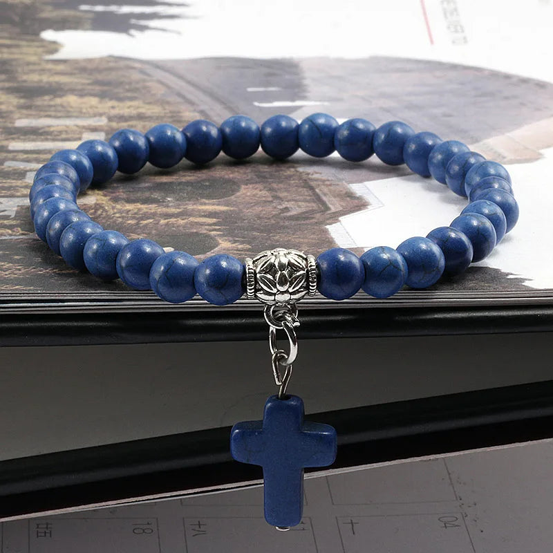 Vintage Kreuz Naturstein 6mm Perlen Armband Charme Männer Blaue Perle Anhänger Strang Armbänder Armreifen Frauen Mode Schmuck Geschenke