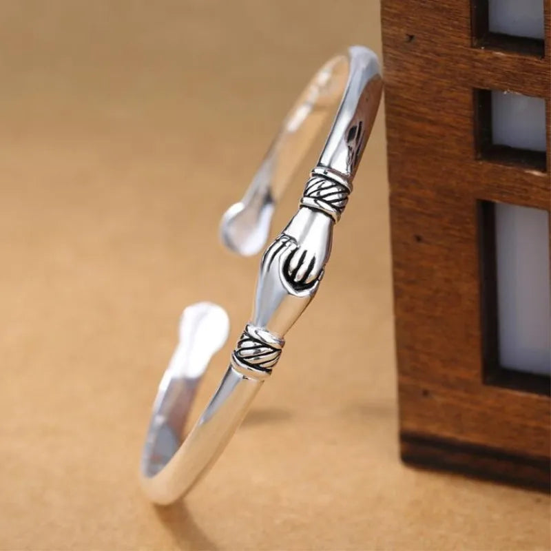 Neue Retro weibliche 925 Sterling Silber Schmuck Armbänder öffnen Handshake kreative Freundschaft Armreifen sl004