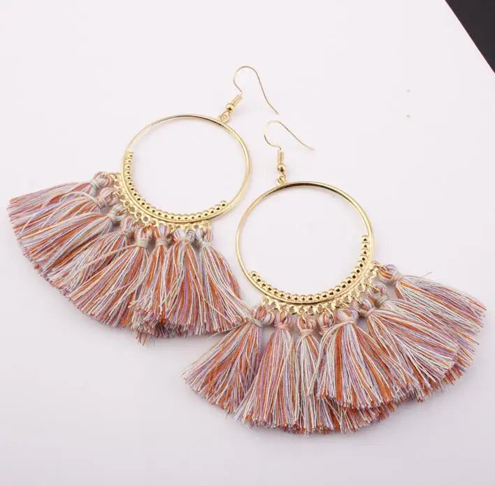 LOVBEAFAS Böhmischen Lange Schwarz Quaste Ohrringe Für Frauen Vintage Gold Farbe Runde Ohrringe Baumwolle Seil Fringe Schmuck Geschenk