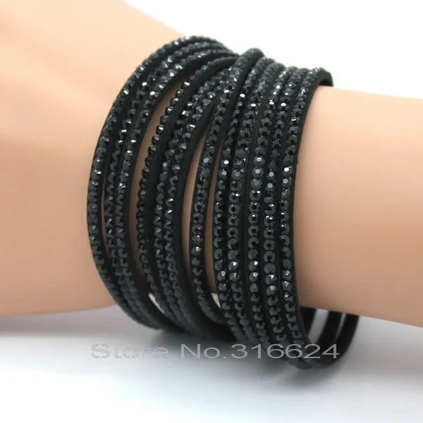 XQNI Marke Schmuck Schwarz Kristall Leder Armbänder Frauen Armreifen Trendy Mosaik Marke Strass Klassische Mädchen Charme Armbänder.