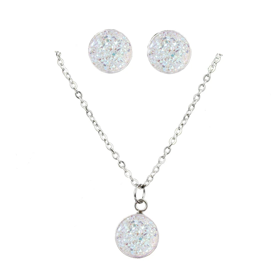 Mode Drusy Runde Anhänger Halskette Ohrringe Schmuck Sets für Frauen Anti allergie Bling Stud Ohrringe Sets Frauen Party Halskette