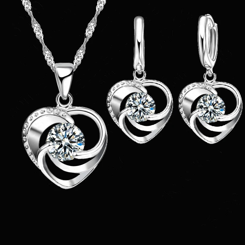 Gestempeltes Halsketten-Ohrring-Set aus 925er-Sterlingsilber, lange Kette, süßer romantischer Stil, Liebesherzform für Frauen, Dame, Frau