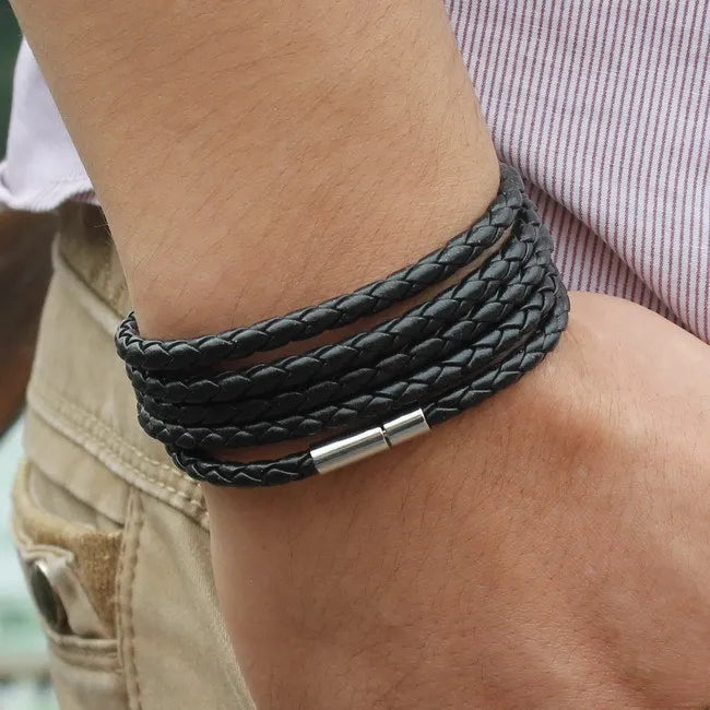XQNI Marke schwarz Retro Wrap langes Lederarmband Männer Armreifen Mode sproty Kettenverbindung männliches Bettelarmband mit 5 Runden