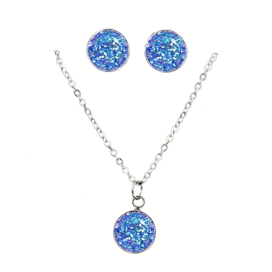 Mode Drusy Runde Anhänger Halskette Ohrringe Schmuck Sets für Frauen Anti allergie Bling Stud Ohrringe Sets Frauen Party Halskette