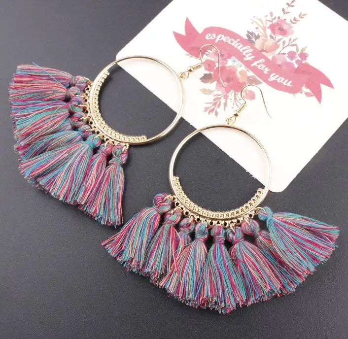 LOVBEAFAS Böhmischen Lange Schwarz Quaste Ohrringe Für Frauen Vintage Gold Farbe Runde Ohrringe Baumwolle Seil Fringe Schmuck Geschenk