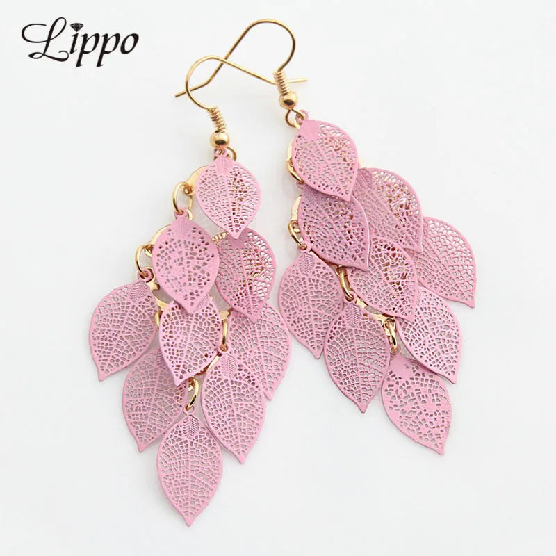 Kupfer Filigrane Blätter Ohrring Rosa Weiße Blatt Quaste Dorp Ohrringe Lange Baumeln Ohrring für Mädchen und Frauen