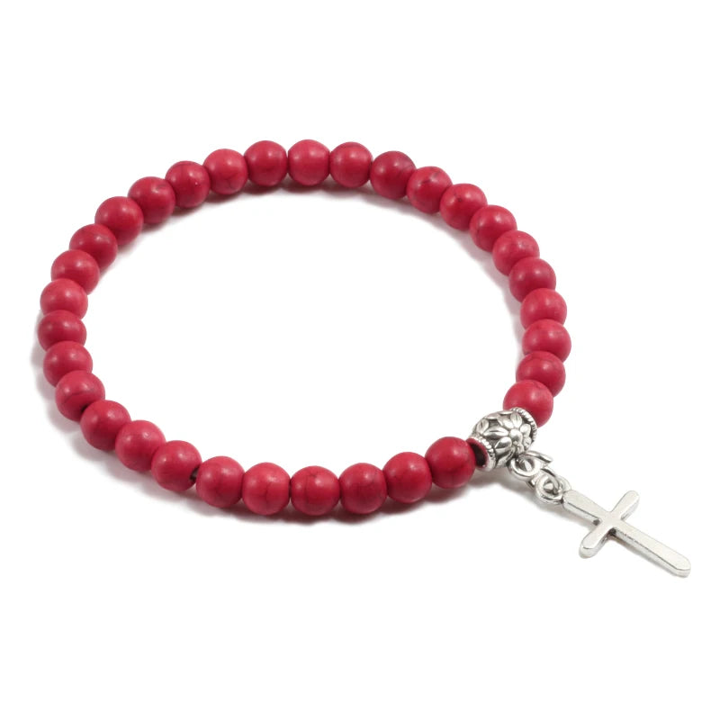 6mm Boho Natürliche Blaue Perlen Armband Männer Kreuz Anhänger Schwarz Vulkanstein Strang Armbänder für Frauen Charme Mode Schmuck