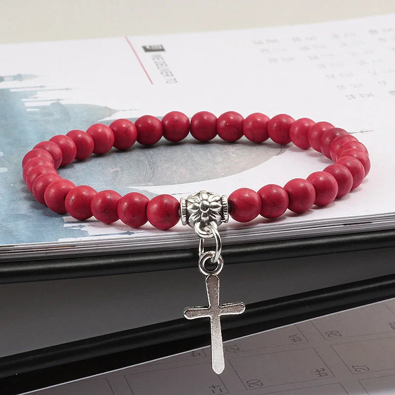 6mm Boho Natürliche Blaue Perlen Armband Männer Kreuz Anhänger Schwarz Vulkanstein Strang Armbänder für Frauen Charme Mode Schmuck