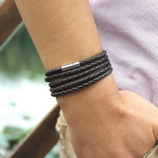 XQNI Marke schwarz Retro Wrap langes Lederarmband Männer Armreifen Mode sproty Kettenverbindung männliches Bettelarmband mit 5 Runden
