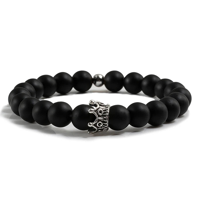 Charme Naturstein Schmuck Perlen Armbänder Paar Schwarze Krone Armband Männer mit Kupfer Perlen Armreif Frauen pulsera dorada