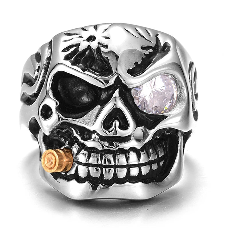 ZRM Mode Gold Rauchen Rohr Biker männer Ringe Rock Punk Schädel Ring Klar Rot Zirkon Auge Überzug Ringe Schmuck für Männer