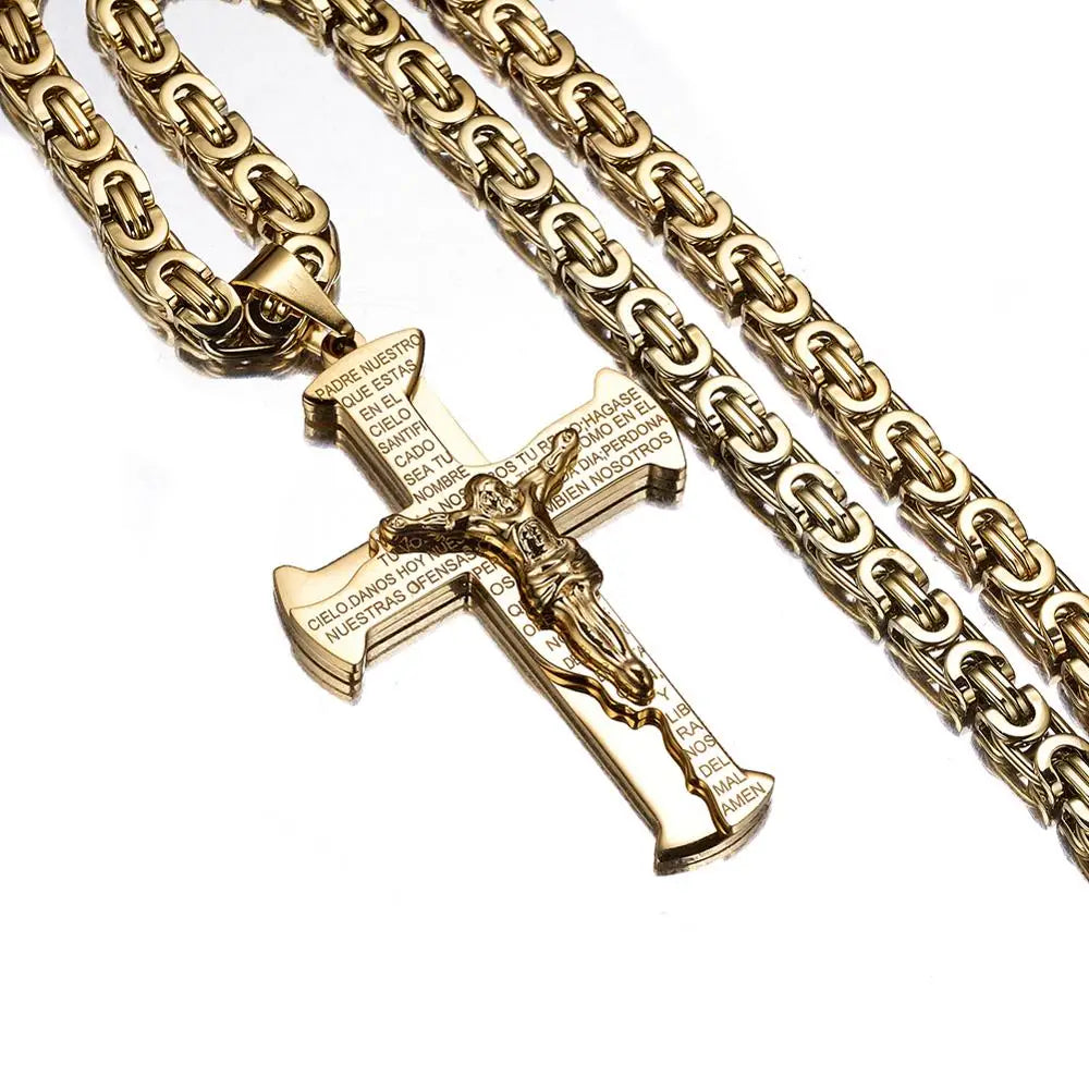 Jesus Kreuzigung Kreuz Anhänger Halskette für Männer Frauen Gold Silber Schwarz Farbe Edelstahl Byzanine Kette
