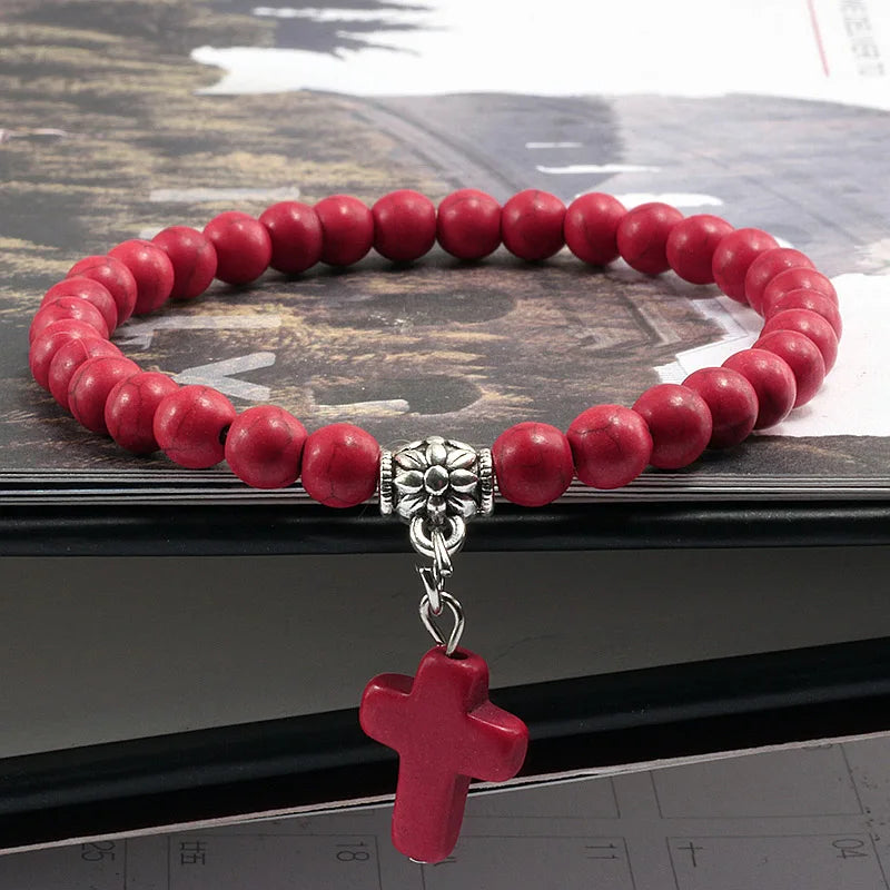 Vintage Kreuz Naturstein 6mm Perlen Armband Charme Männer Blaue Perle Anhänger Strang Armbänder Armreifen Frauen Mode Schmuck Geschenke