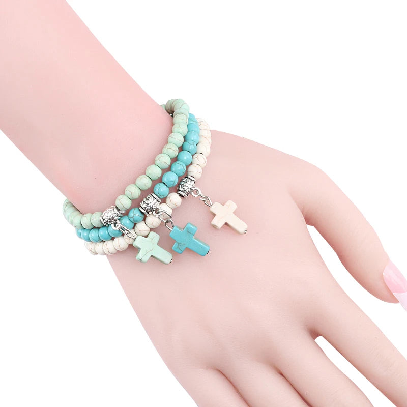 Vintage Kreuz Naturstein 6mm Perlen Armband Charme Männer Blaue Perle Anhänger Strang Armbänder Armreifen Frauen Mode Schmuck Geschenke