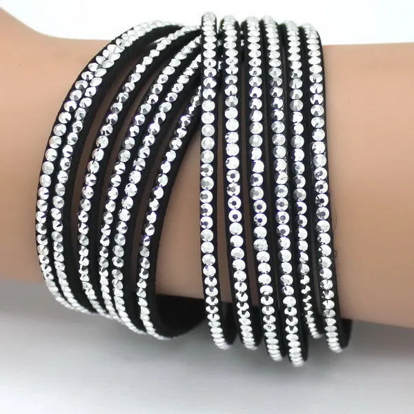 XQNI Marke Schmuck Schwarz Kristall Leder Armbänder Frauen Armreifen Trendy Mosaik Marke Strass Klassische Mädchen Charme Armbänder.