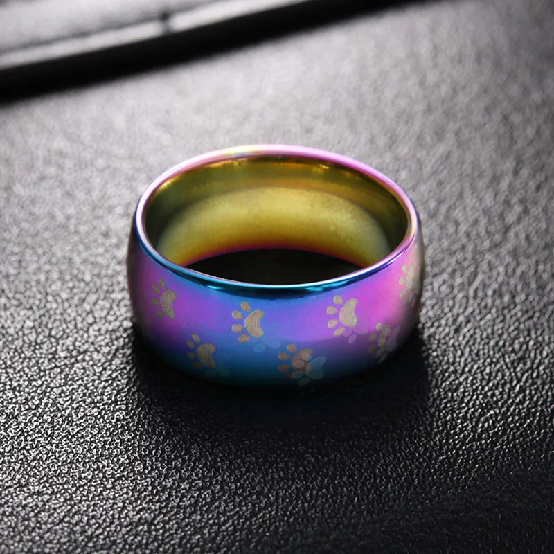 Mode Niedlichen Hund Katze Pfote Ringe Schmuck Edelstahl Ehering Regenbogen Paar Ring für Frauen Breite 8mm