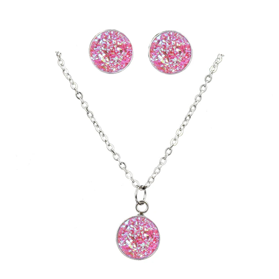 Mode Drusy Runde Anhänger Halskette Ohrringe Schmuck Sets für Frauen Anti allergie Bling Stud Ohrringe Sets Frauen Party Halskette