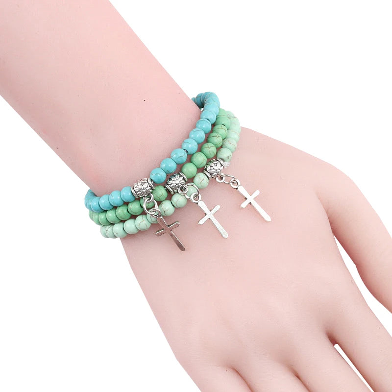 6mm Boho Natürliche Blaue Perlen Armband Männer Kreuz Anhänger Schwarz Vulkanstein Strang Armbänder für Frauen Charme Mode Schmuck