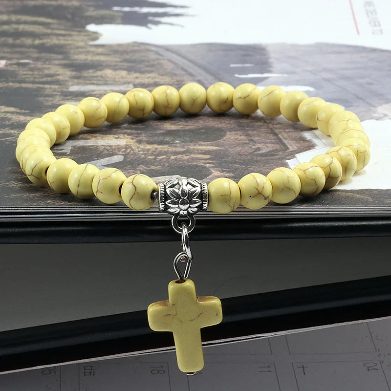 Vintage Kreuz Naturstein 6mm Perlen Armband Charme Männer Blaue Perle Anhänger Strang Armbänder Armreifen Frauen Mode Schmuck Geschenke