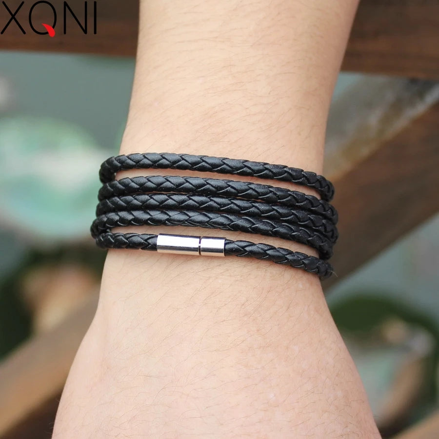 XQNI Marke schwarz Retro Wrap langes Lederarmband Männer Armreifen Mode sproty Kettenverbindung männliches Bettelarmband mit 5 Runden