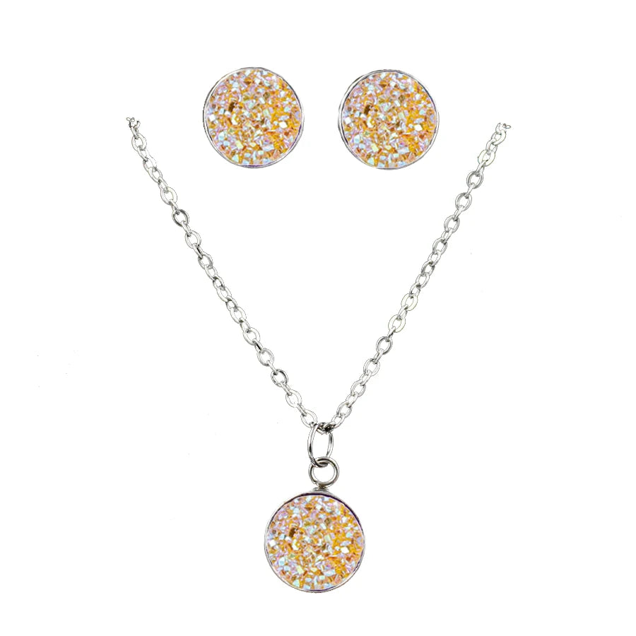 Mode Drusy Runde Anhänger Halskette Ohrringe Schmuck Sets für Frauen Anti allergie Bling Stud Ohrringe Sets Frauen Party Halskette