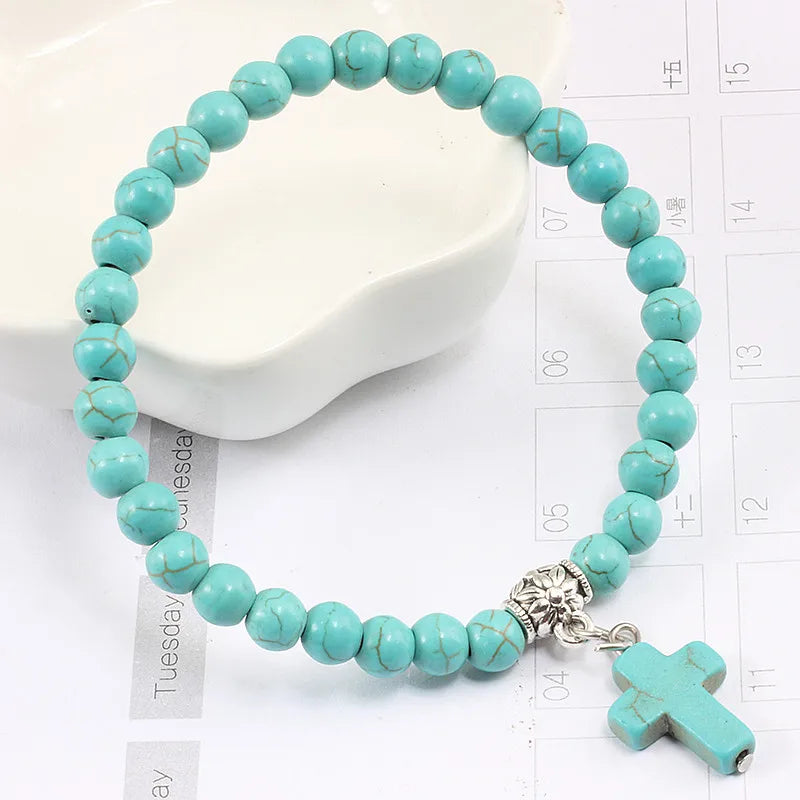 Gebetsarmband, 6 mm, Onyx, Natursteinperlen, Religion, Jesus, Kreuz, Anhänger, Armbänder, Armreifen für Männer und Frauen, Yoga, Freundschaftsschmuck