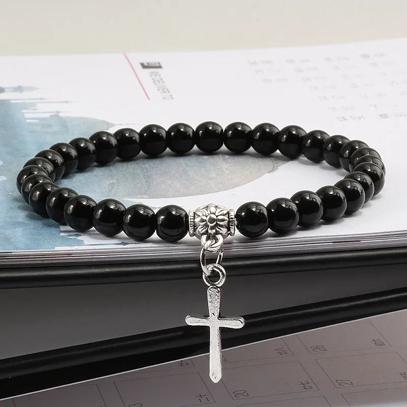 6mm Boho Natürliche Blaue Perlen Armband Männer Kreuz Anhänger Schwarz Vulkanstein Strang Armbänder für Frauen Charme Mode Schmuck