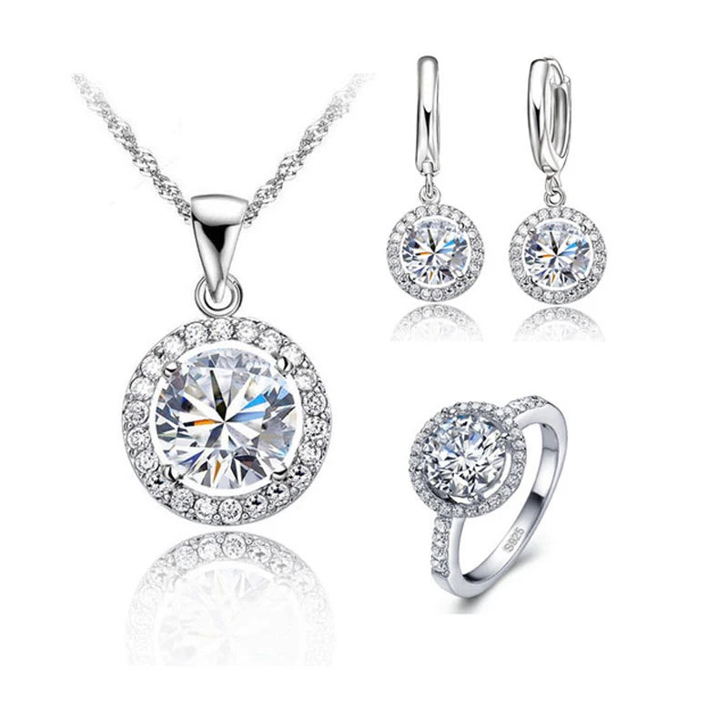 925 Sterling Silber Zirkon Schmuck Sets Frauen österreich ischen Kristall Hochzeit Anhänger Halskette Ohrring Ring Schmuck Set Dame