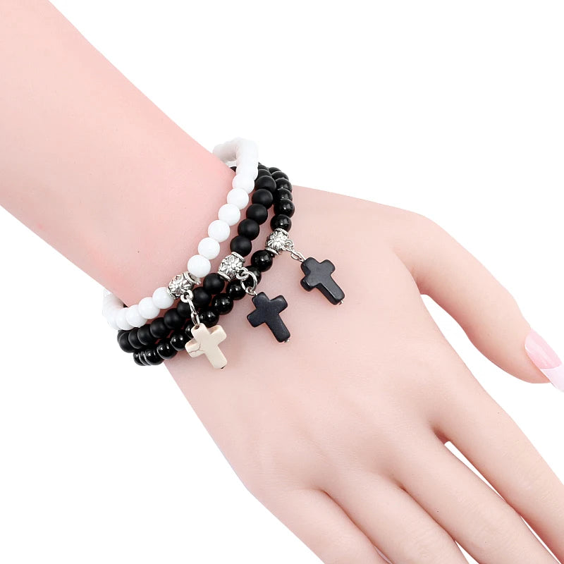 Vintage Kreuz Naturstein 6mm Perlen Armband Charme Männer Blaue Perle Anhänger Strang Armbänder Armreifen Frauen Mode Schmuck Geschenke