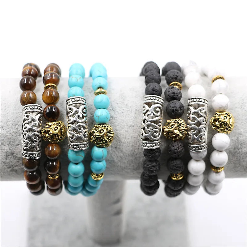 MKENDN Hot 2 Stück/Set Antiker Buddha Löwe Löwenkopf Charm mit Lava Onyx Naturstein Perlen Armband Set Packung für Männer Frauen