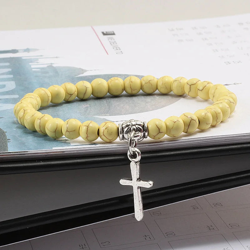 6mm Boho Natürliche Blaue Perlen Armband Männer Kreuz Anhänger Schwarz Vulkanstein Strang Armbänder für Frauen Charme Mode Schmuck