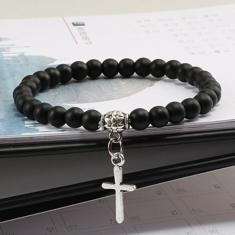 6mm Boho Natürliche Blaue Perlen Armband Männer Kreuz Anhänger Schwarz Vulkanstein Strang Armbänder für Frauen Charme Mode Schmuck