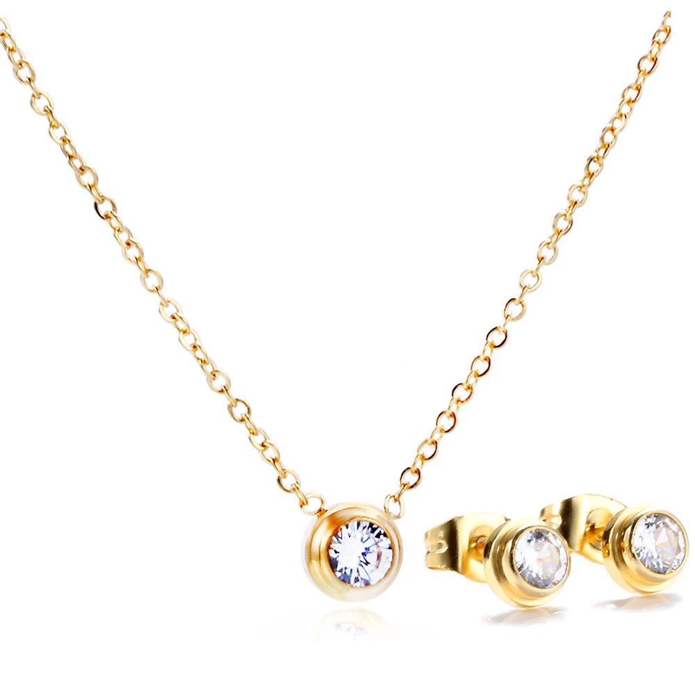Frauen Rose Gold Farbe Edelstahl Zirkon Kristall Schmuck Sets Halskette + Ohrringe