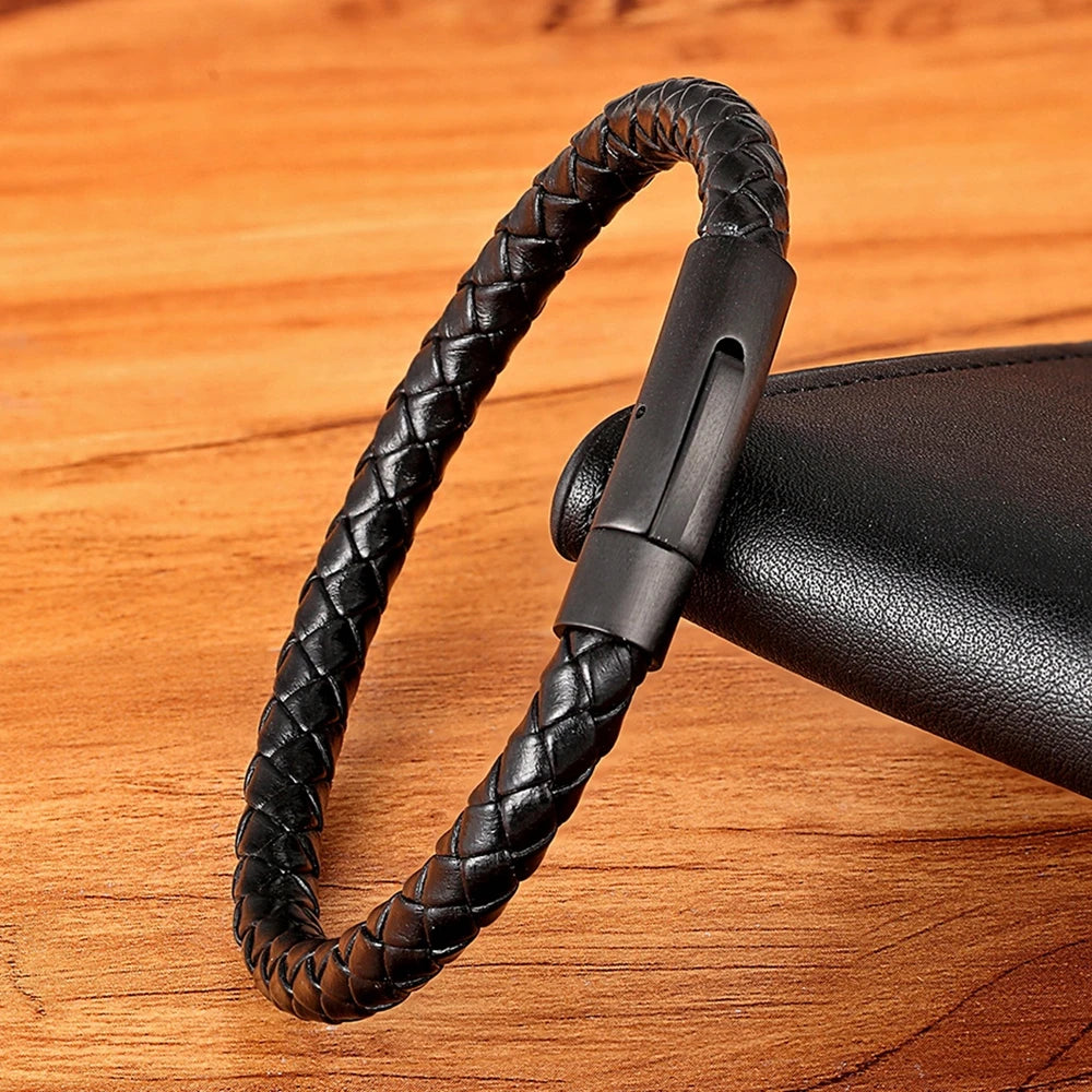 XQNI Neue Klassische Stil Männer Leder Armband Einfache Schwarz Edelstahl Knopf Neutral Zubehör Hand-gewebt Schmuck Geschenke