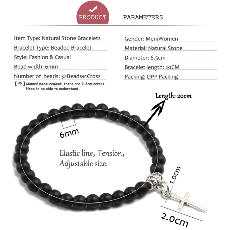 6mm Boho Natürliche Blaue Perlen Armband Männer Kreuz Anhänger Schwarz Vulkanstein Strang Armbänder für Frauen Charme Mode Schmuck