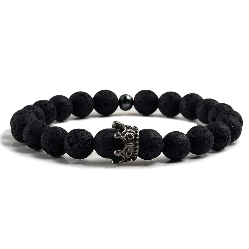 Charme Naturstein Schmuck Perlen Armbänder Paar Schwarze Krone Armband Männer mit Kupfer Perlen Armreif Frauen pulsera dorada