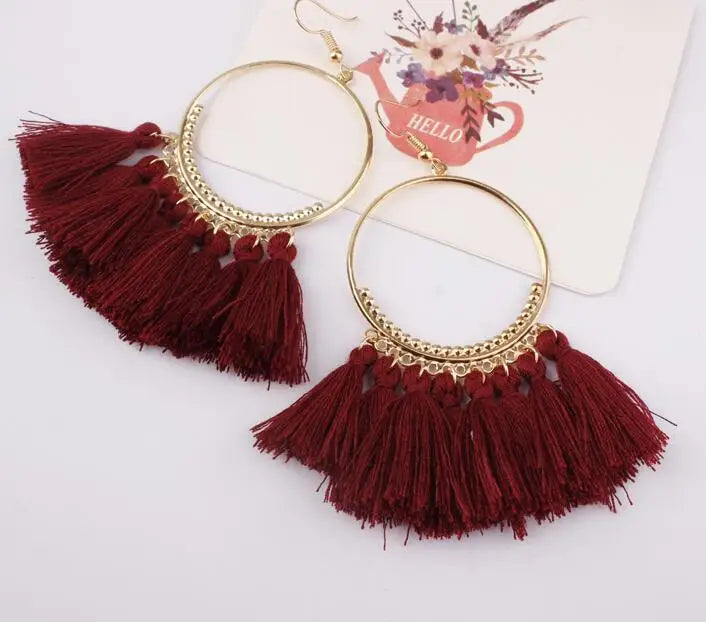 LOVBEAFAS Böhmischen Lange Schwarz Quaste Ohrringe Für Frauen Vintage Gold Farbe Runde Ohrringe Baumwolle Seil Fringe Schmuck Geschenk